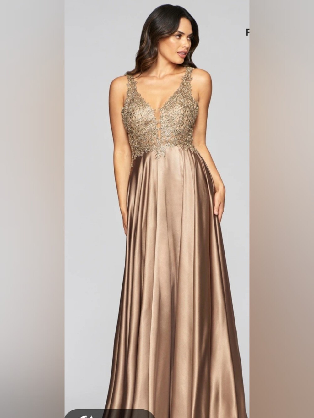 SCOTT McCLINTOCK Elegant Gold Satin Evening Gown with Lace Bodice